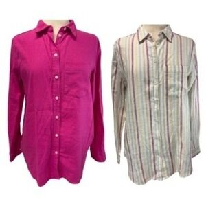 Lot of 2 Gap Womens S Linen Blend Button‎ Down Shirts Pink Striped Casual